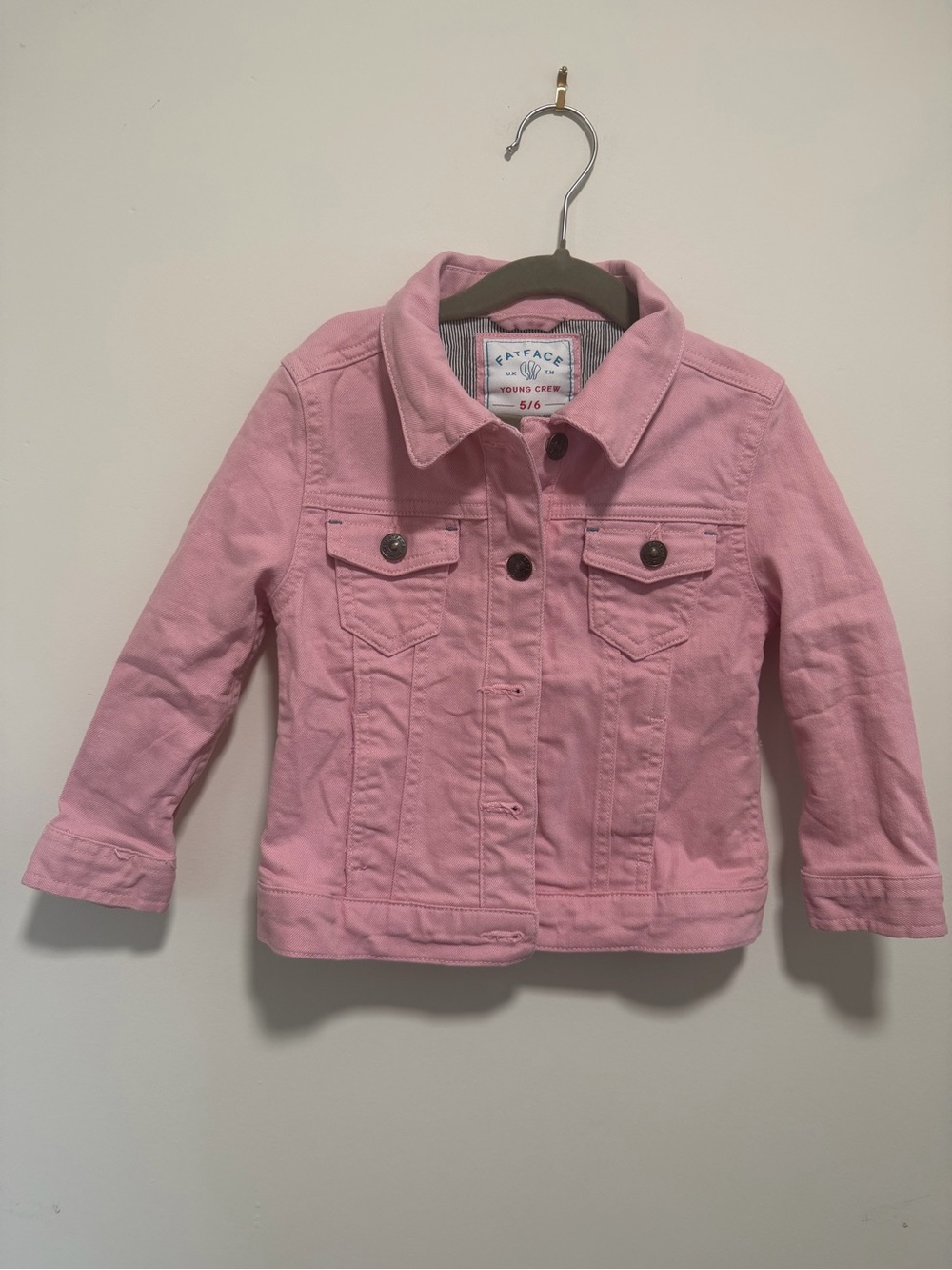 FatFace Girls' Pink Denim Jacket - Classic Button Front - Size 5/6